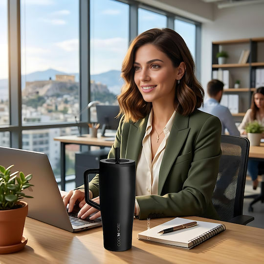 Cool'NMore Handled Tumbler Thermos Stainless Steel / Plastic BPA Free 1.2lt Black with Straw and Handle