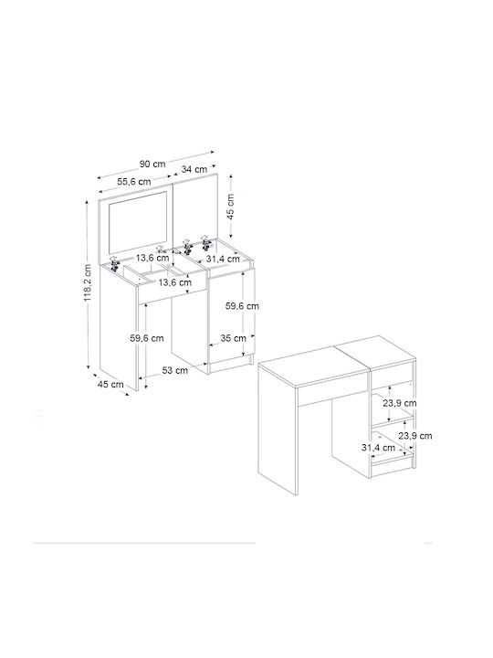 Bodenstehende Schminktisch Schlafzimmer Huma Holz Weiß mit Spiegel 90x45x118.2cm