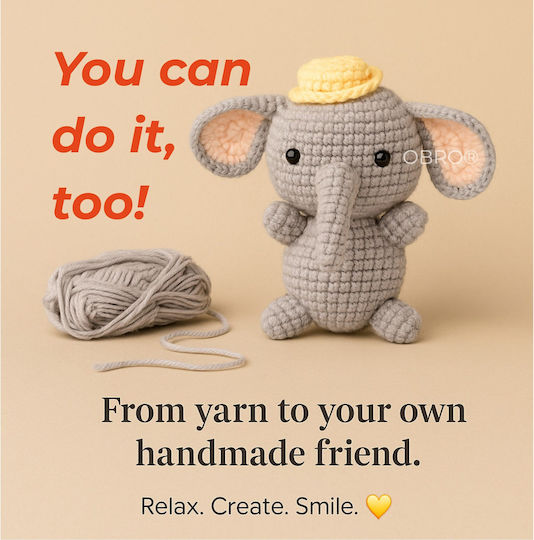 Obro Plush Elephant Crochet Diy Kit Complete Set Threads Tools Video Tutorial Beginners