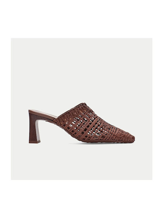 Δερμάτινα Mules με Χοντρό Τακούνι σε Καφέ Χρώμα