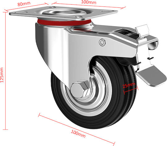 Bakaji 02839294 Въртящо Каучуково Колело със Спирачка 125x100mm
