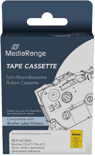 Plastic Label Maker Tape Mediarange Brother Tz-611/tze-611 6mm X 8m Black On Yellow Mrbtz611