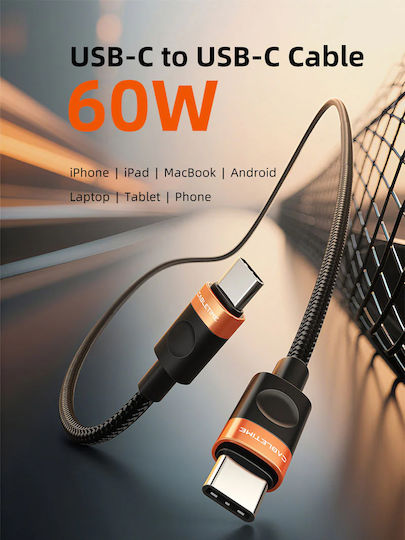 Cabletime Geflochtenes USB 2.0 Kabel USB-C männlich - USB-C 60W Schwarz 1m CT-CM60-AOB1