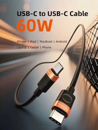 Cabletime Geflochtenes USB 2.0 Kabel USB-C männlich - USB-C 60W Schwarz 1m CT-CM60-AOB1