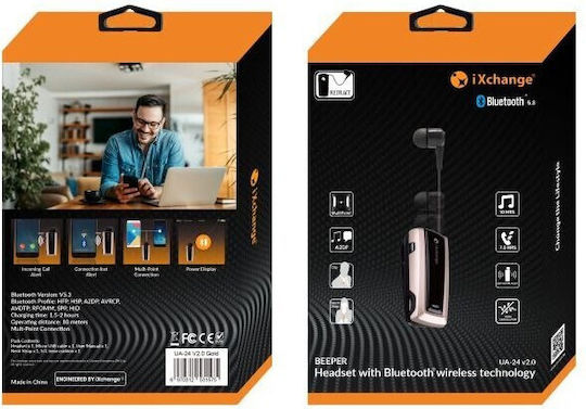iXchange UA24 V2.0 In-ear Bluetooth Handsfree Ακουστικό Πέτου Χρυσό