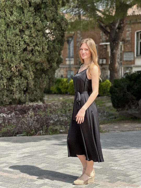 Summer Midi Dress for Wedding Christening Satin Open Back Black