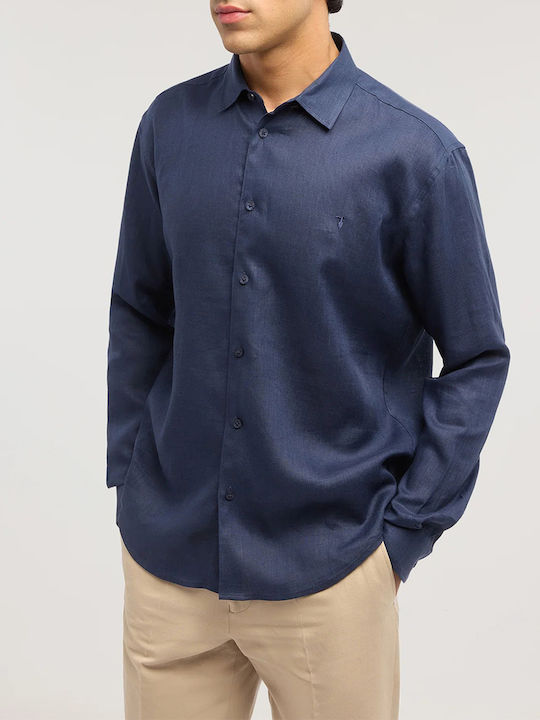 Trussardi Cămașă Bărbați Mânecă Lungă Din In Linie Regular Fit Albastru Marin Trussardi Cămașă Bărbați Mânecă Lungă Din In Linie Regular Fit Albastru Marin