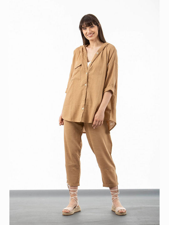 Damenmäntel Beige Übergroß Überhemd mit Kapuze