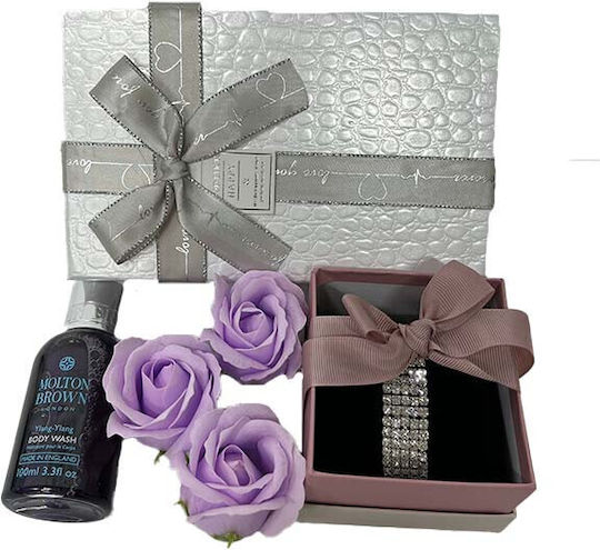 Set Cadou Glamour Femei Molton Brown Ylang-ylang Gel de Duș 100ml Brățară cu Pietre Semiprețioase Trei Trandafiri din Săpun în Cutie Cadou Albă 19x12x7 Cm