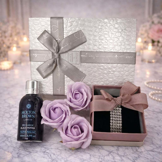 Set Cadou Glamour Femei Molton Brown Ylang-ylang Gel de Duș 100ml Brățară cu Pietre Semiprețioase Trei Trandafiri din Săpun în Cutie Cadou Albă 19x12x7 Cm