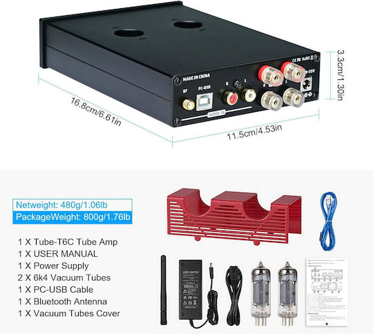 Amplificator Hi-Fi Stereo Integrat cu Tub 160W/4Ω X0019J8XEJ cu Tub Vid 6K4 cu Control Volum, Bass, Înalte, Suca Audio