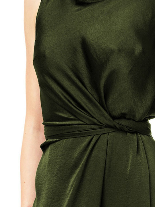 Summer Midi Evening Satin Wrap Khaki Dress