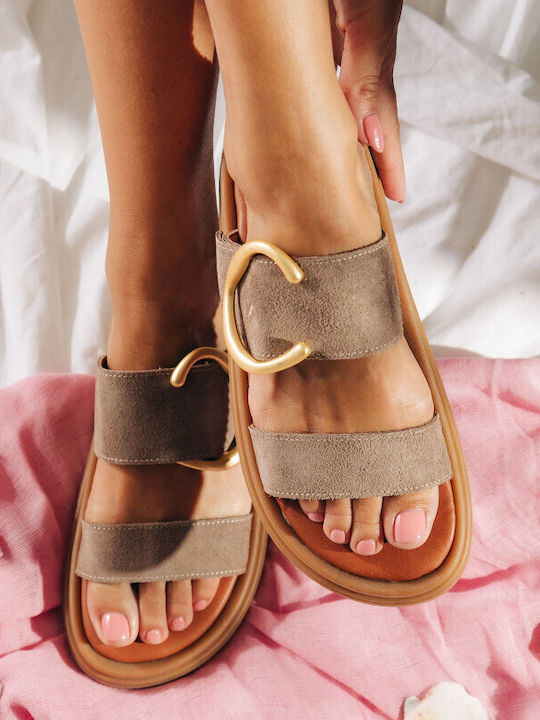 Leder Flache Sandalen Für Damen Braun