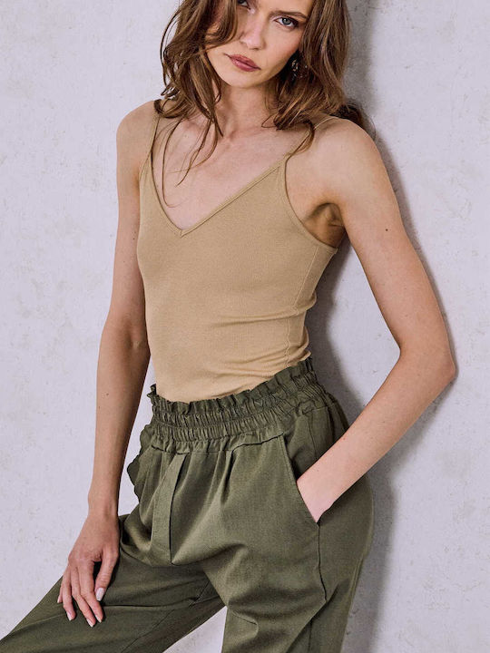 Celestino Women's Spaghetti Strap Rib V-Neck Slim Fit Dark Beige