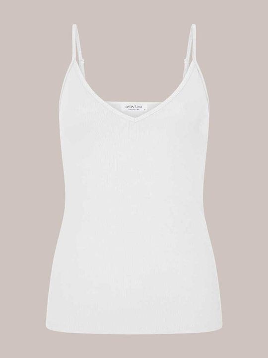 Celestino Women's Ribbed Spaghetti Strap V-Neck Slim Fit White Top