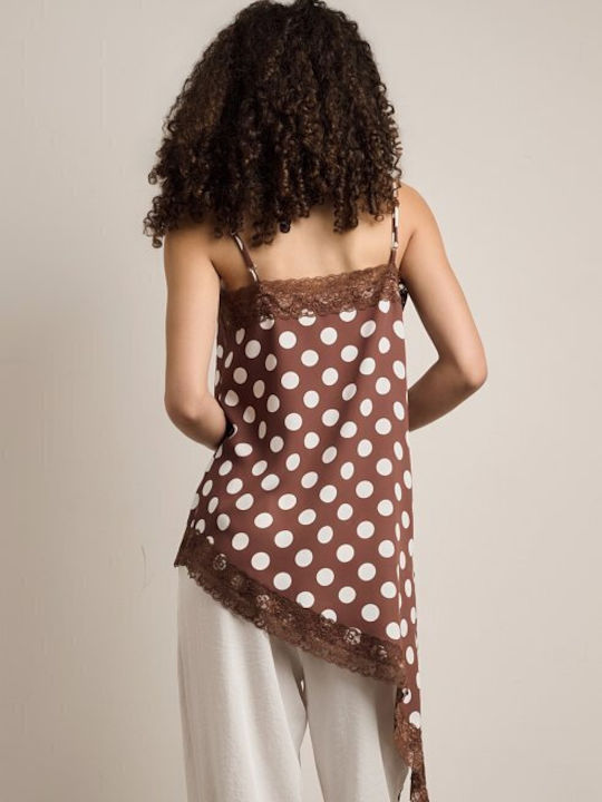 Damen Bluse mit Spaghetti-Träger Polka Dot Braun