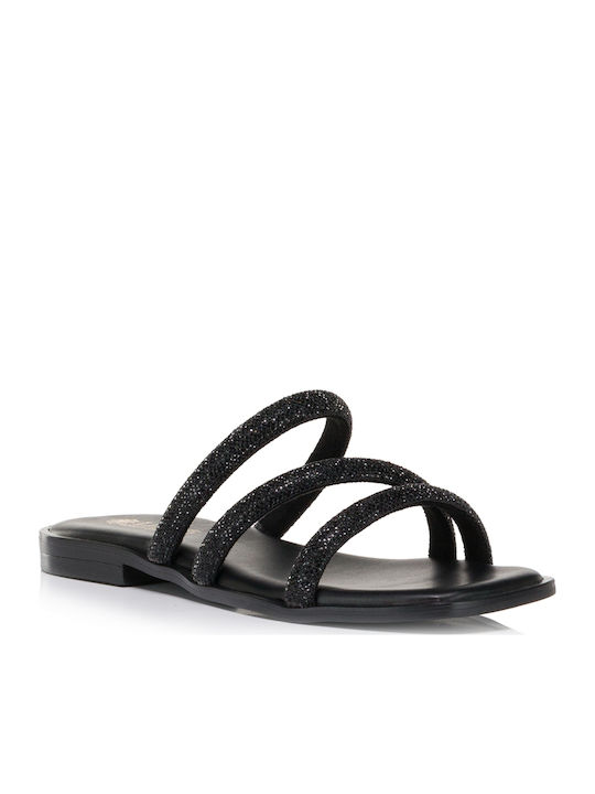 Leder Flache Damen Sandalen Schwarz