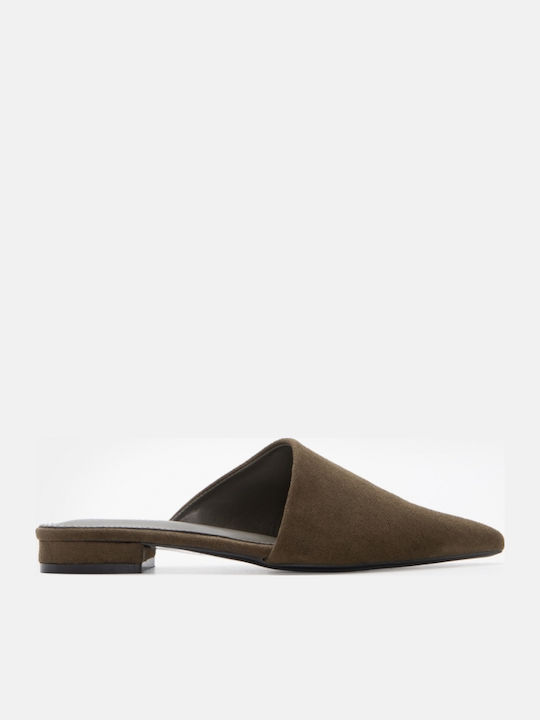 Flat Suede Mules σε Χακί Χρώμα