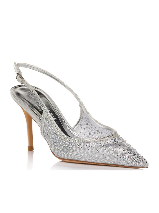 Pointed Toe Heels with Strap Silver