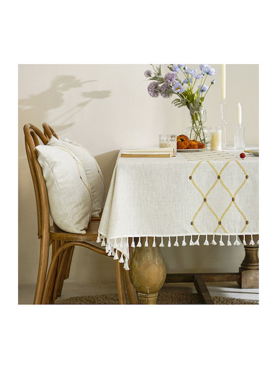 FRIPIA Leinen Tischdecke mit Goldstickerei 140x250cm