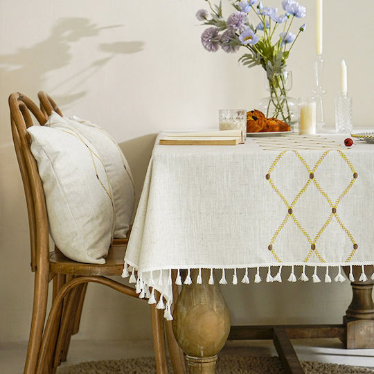 FRIPIA Покривка за маса Ленена с Бродерия Златиста 140x350см