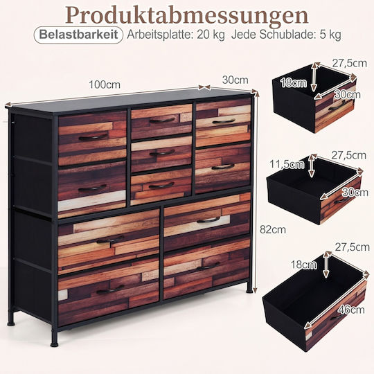 Bedroom Chest of Drawers Made of Wood & Metal with 11 Drawers Black with Fabric Covering 100x30x82cm