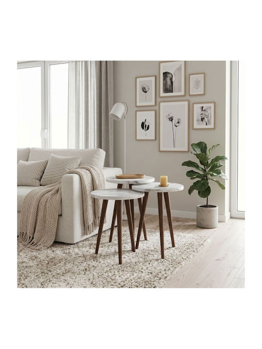 Round Side Coffee Table Cruz Made of Solid Wood White Marble Effect 3 Pieces W33xL33xH46cm