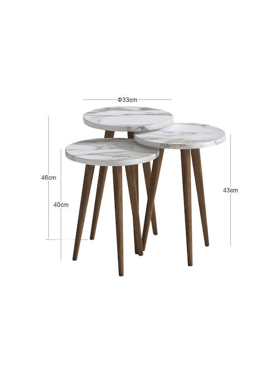 Round Side Coffee Table Cruz Made of Solid Wood White Marble Effect 3 Pieces W33xL33xH46cm