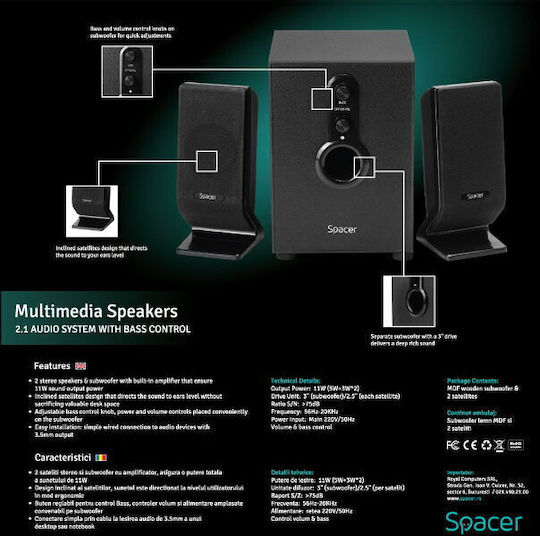 Spacer Difuzoare de Calculator 2.1 cu Putere 11W în Negru Culoare