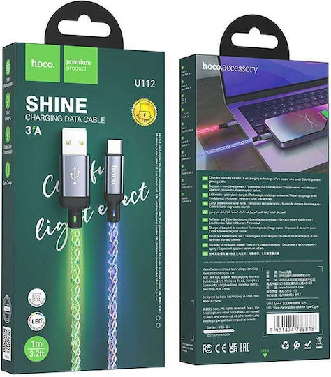 Hoco LED / Braided USB 2.0 Cable USB-C male - USB-C 12W Πολύχρωμο 1m U112