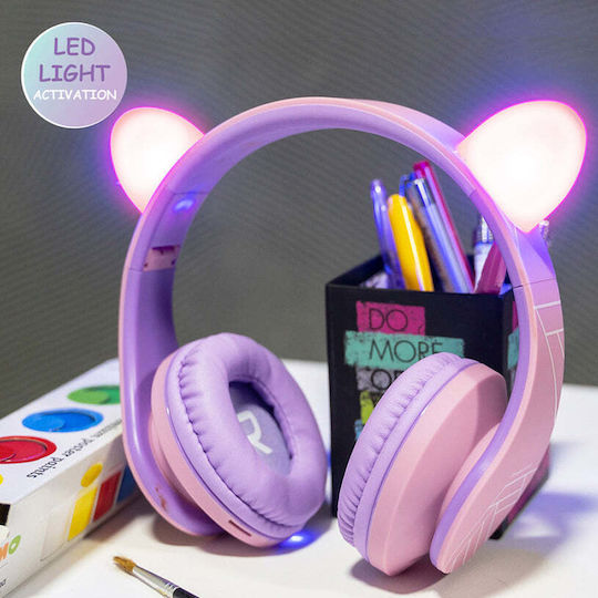 PowerLocus P2 Kids Cat Ears Ασύρματα / Ενσύρματα Παιδικά Over Ear Ακουστικά με Ραδιόφωνο με 20 ώρες Λειτουργίας Pink/Purple