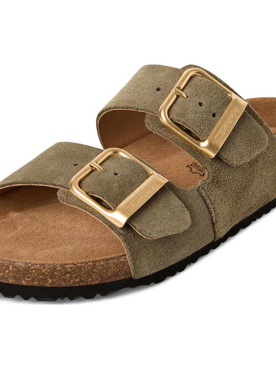 Leather Women's Flat Sandals Khaki