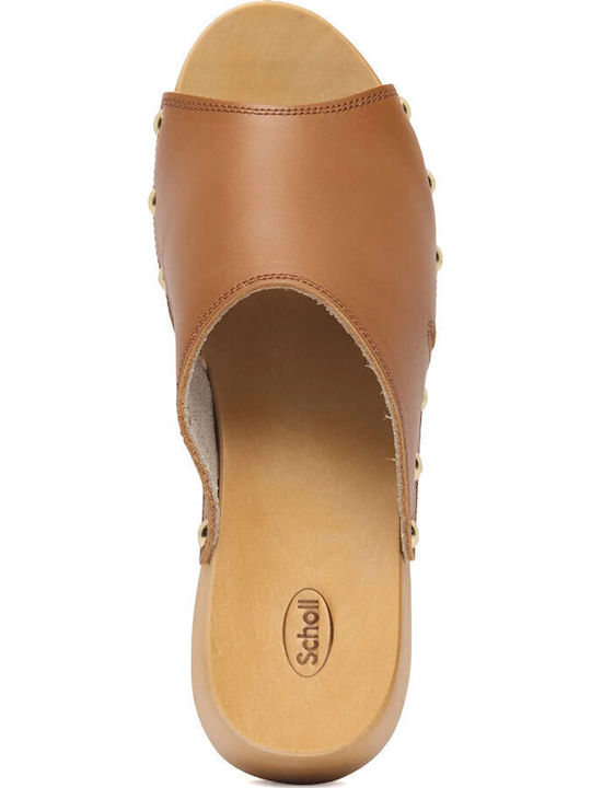 Pescura Leather Mules with Low Heel in Tabac Brown Colour