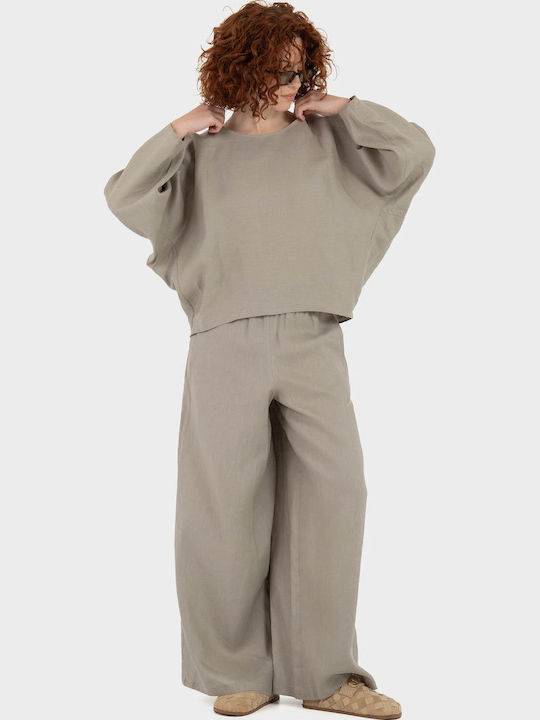 Damen Leinenhose in Breit Bein Stil Pumice Stone