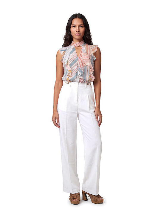 Women's High Rise Fabric Trousers in Straight Leg White