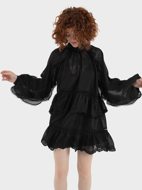 Mini Evening Dress with Lace and Ruffles Black