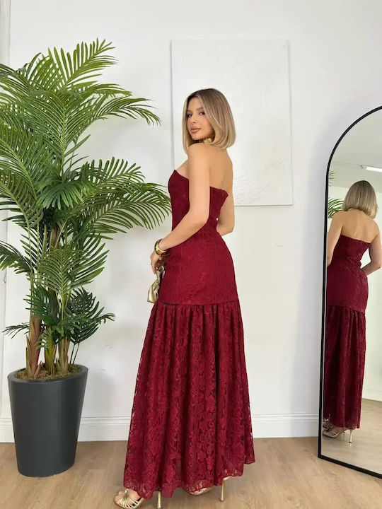Sommer Maxi Damenkleid für Hochzeit - Taufe Trägerlos mit Spitze Rot
