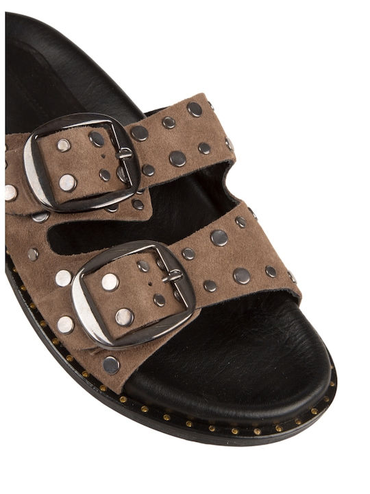 Deri Damen Anatomisch Flache Sandalen Braun