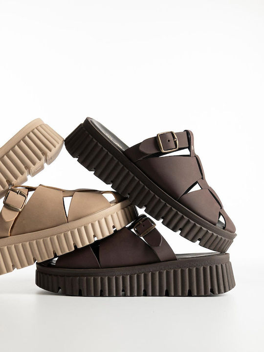 Damen Flatforms Braune Nubuk-Sandalen