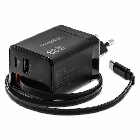 Treqa Treqa Handyladegerät mit USB-A Ausgangsanschluss und USB-C Ausgangsanschluss 83W Stromlieferung Schwarz (CH-666)