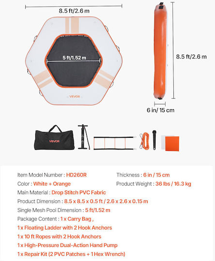 Vevor Saltea Gonflabilă Pentru Plajă Cu Mânere Portocalie 260x260cm