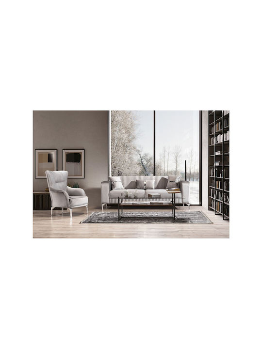 SteweHome Wohnzimmermöbel-Set Prenses 3+3+1 Weiße Beine Anthrazit Creme 225x90x77 cm