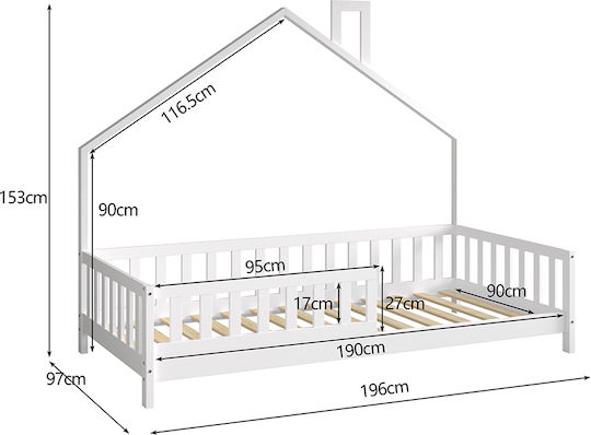 Kids Bed Montessori Classic Single White for Mattress 90x190cm
