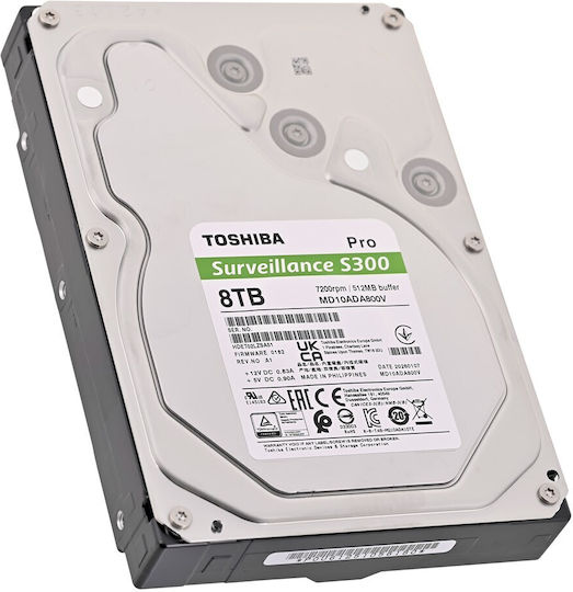Toshiba S300 Pro Surveillance Bulk 8TB HDD Σκληρός Δίσκος 3.5" SATA III 7200rpm με 512MB Cache για NAS MD10ADA800V