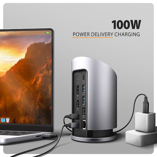 Axagon HMC-WL9 USB-C Docking Station mit HDMI/DisplayPort 4K PD Ethernet und Verbindung 2 Monitore Silber