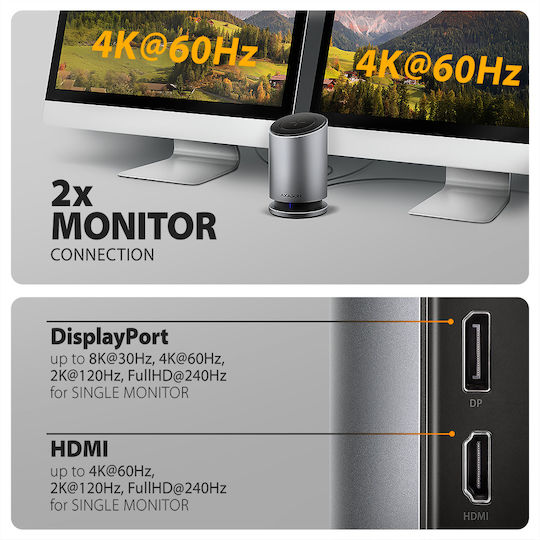 Axagon HMC-WL9 USB-C Docking Station mit HDMI/DisplayPort 4K PD Ethernet und Verbindung 2 Monitore Silber