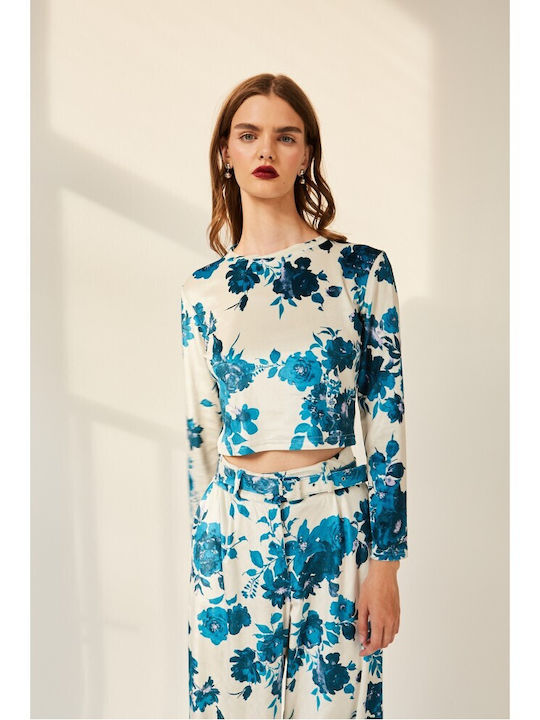 Women's Crop Velvet Long Sleeve Floral White-Petrol Top