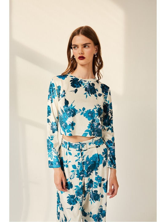Women's Crop Velvet Long Sleeve Floral White-Petrol Top