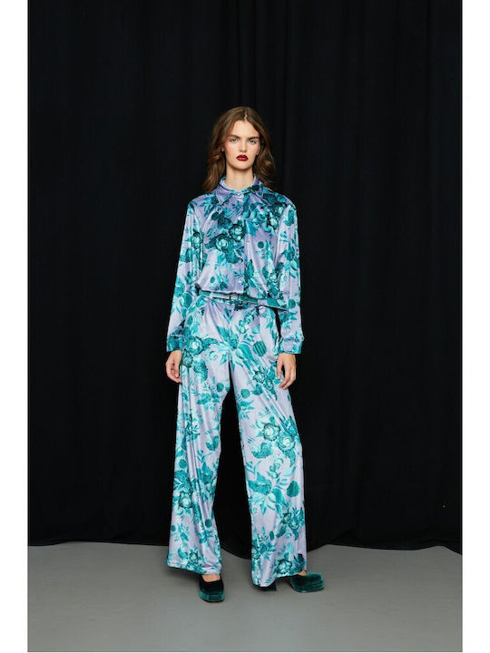 Γυναικεία Βελούδινη Παντελόνα Floral Λιλά, Πετρόλ