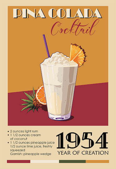Poster Vintage Pina Collada Classic Cocktail Pst25380 21cm X 30cm Μαύρη Ξύλινη Κορνίζα